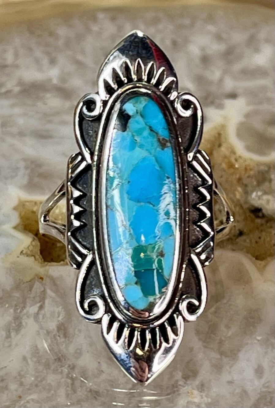 Kingman Turquoise 925 Sterling Silver Handmade Elongated Statement Ring Sz 8.75